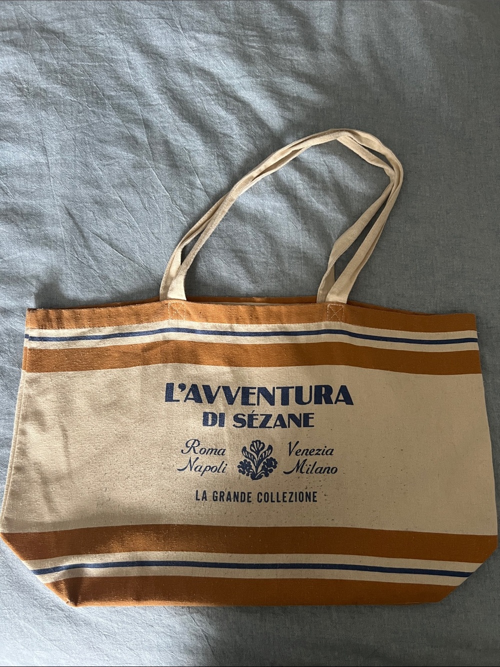 Sezane Canvas Tote in Beige and Brown with Navy Logo